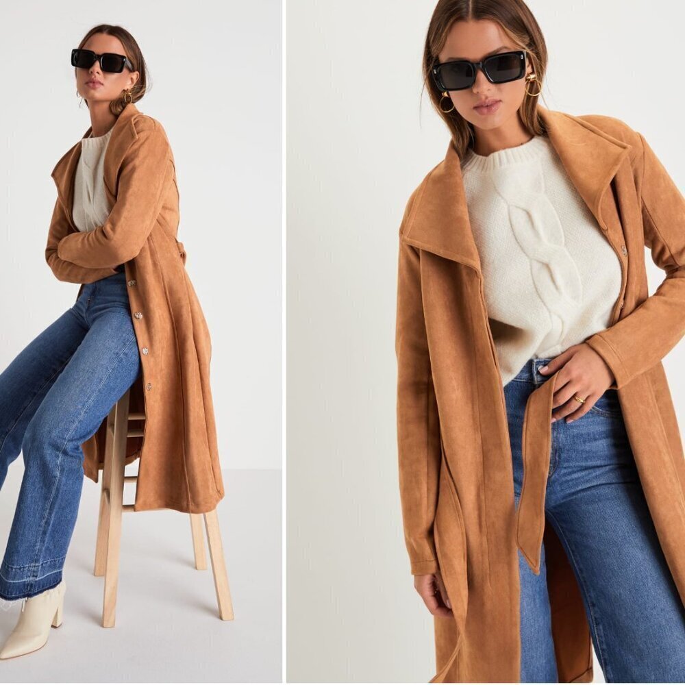 Lulus Elevated Season Brown Vegan Suede Collared Trench Coat